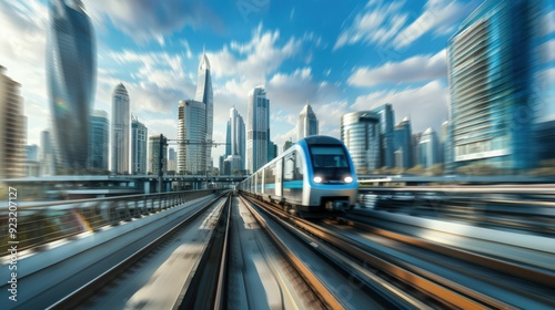 A train is traveling down a track in a city