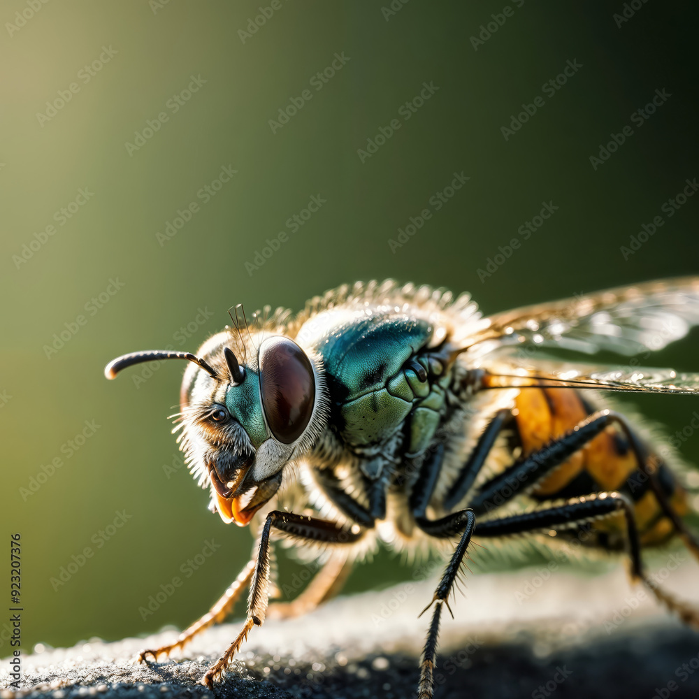 Fototapeta premium Camera zooms in on a fly sitting on the surface