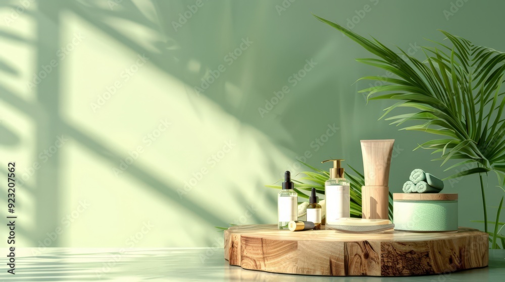 A wooden tray with a few bottles and a bottle of lotion on it A wooden tray with a few bottles and a bottle of lotion on it