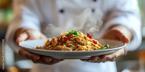 Chef Presents Steaming Plate of Chicken Pad Thai with Red Chili Peppers and Cilantro