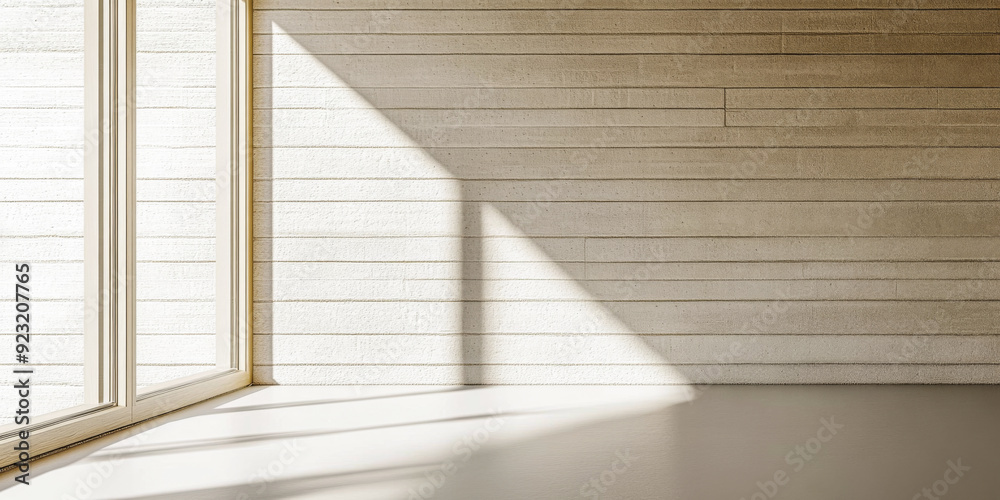 Fototapeta premium Elegant property interiors with a large window, natural lighting and contrasting shadows. Residential Real Estate interior design composition background or template.
