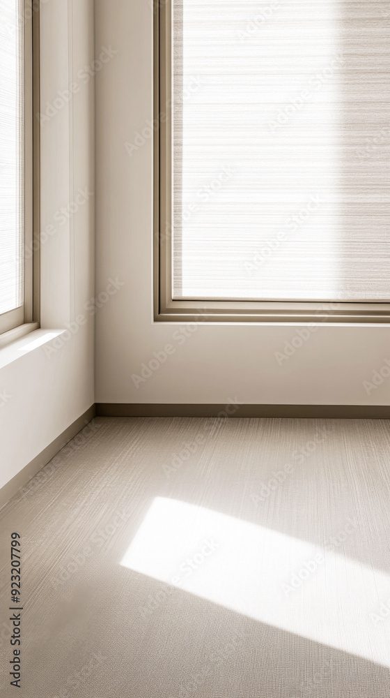 Fototapeta premium Elegant property interiors with a large window, natural lighting and contrasting shadows. Residential Real Estate interior design composition background or template.