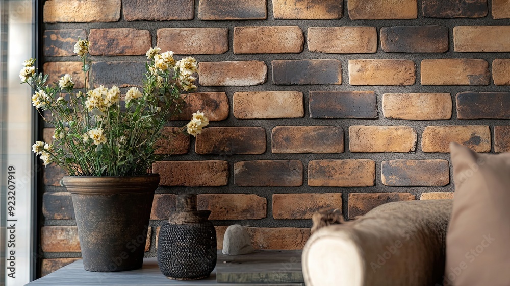 Rustic Interior Decor with Flowers, Brick Wall, and Wooden Elements Rustic Interior Decor with Flowers, Brick Wall, and Wooden Elements