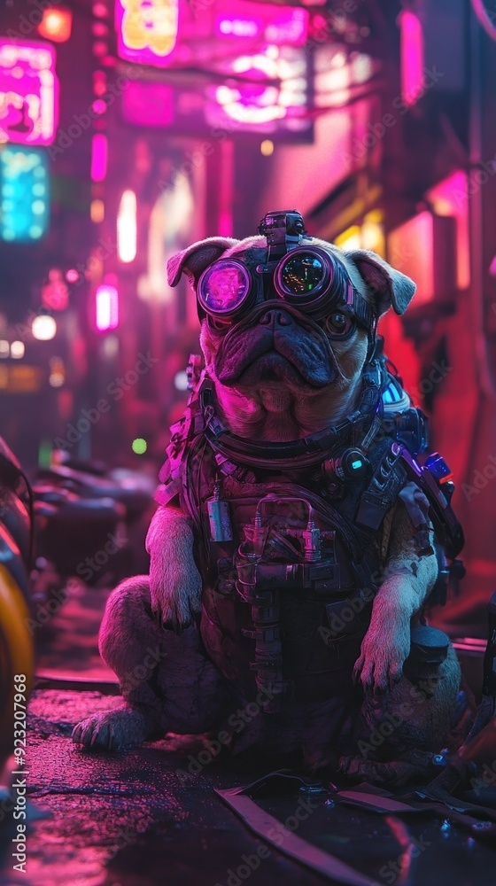 A futuristic pug in a neon-lit alleyway, showcasing a unique blend of cyberpunk aesthetics and adorable charm. A futuristic pug in a neon-lit alleyway, showcasing a unique blend of cyberpunk aesthetics and adorable charm.
