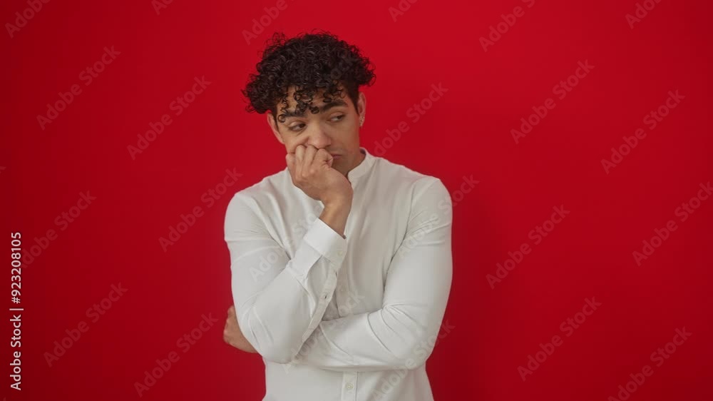 Young hispanic man wearing shirt, arms crossed, looking tired and bored standing alone against an isolated red background, engulfed in deep thoughts about his problems leading to depression Young hispanic man wearing shirt, arms crossed, looking tired and bored standing alone against an isolated red background, engulfed in deep thoughts about his problems leading to depression