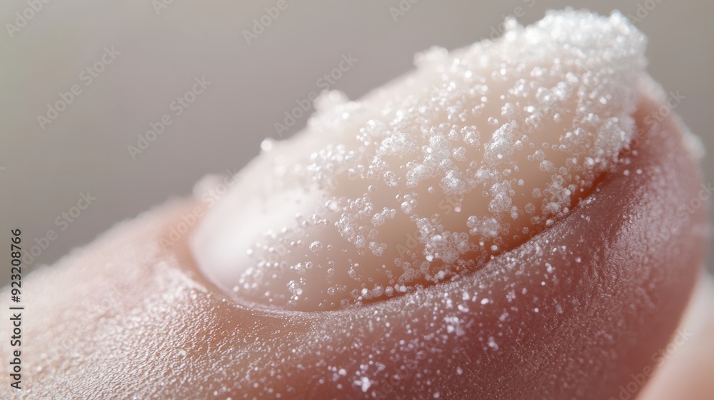 Fototapeta premium A detailed close up reveals manicured fingernails with a unique, textured appearance resembling sugar or crystals under soft lighting