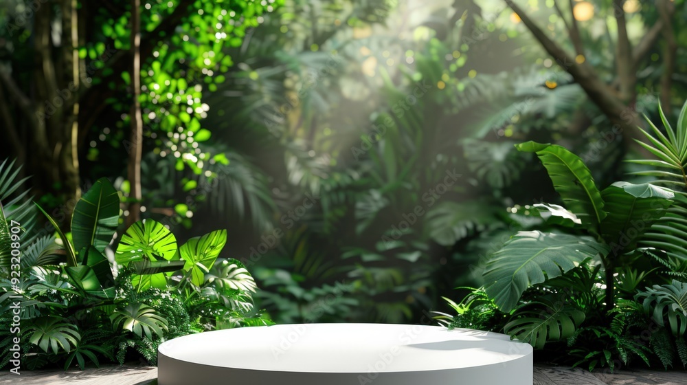 A white pedestal in a lush green jungle A white pedestal in a lush green jungle