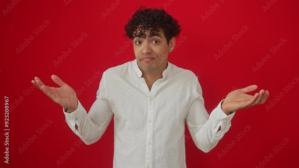 Young hispanic man, wearing shirt, standing confused and clueless with doubtful expression - hands raised, arms conveying ignorance over isolated red background Young hispanic man, wearing shirt, standing confused and clueless with doubtful expression - hands raised, arms conveying ignorance over isolated red background