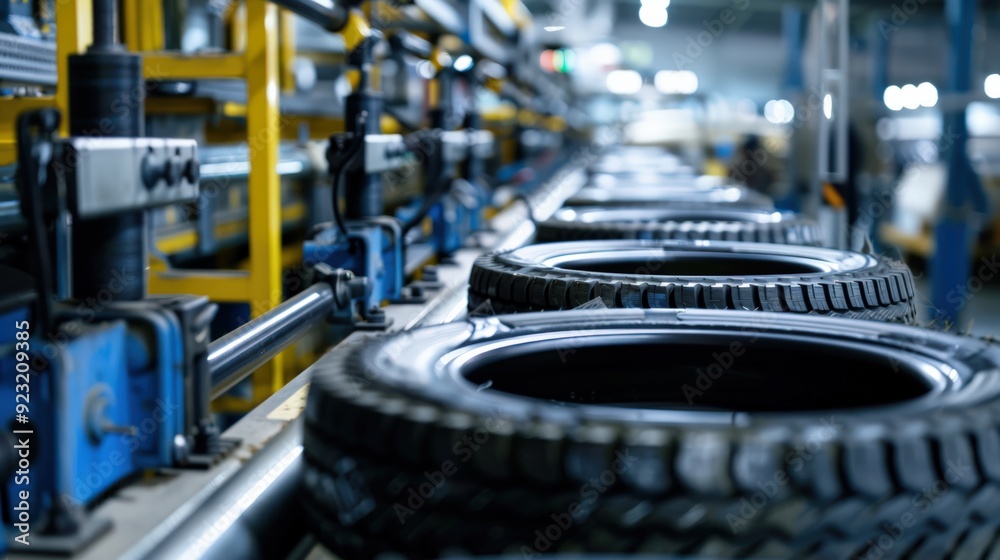 A line of tires are being manufactured in a factory A line of tires are being manufactured in a factory