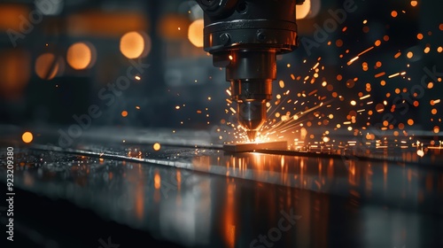 Industrial CNC Machine Cutting Metal with Sparks Flying in a Modern Factory Setting