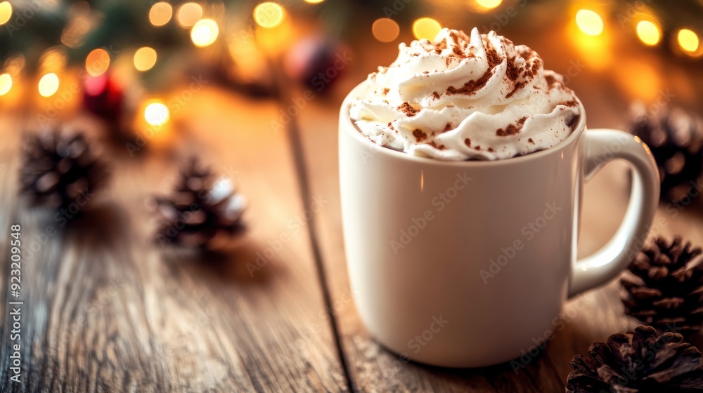 Savoring a delightful moment with a creamy hot chocolate, surrounded by pinecones and twinkling lights, perfect for a chilly winter night Savoring a delightful moment with a creamy hot chocolate, surrounded by pinecones and twinkling lights, perfect for a chilly winter night