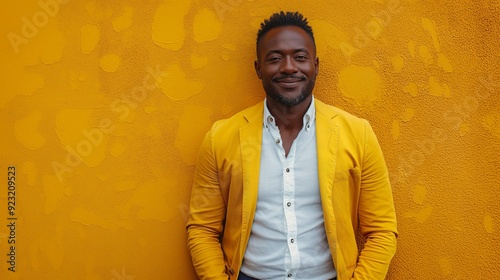 Stylish man standing confidently against a vibrant yellow wall, embodying modern fashion and bold color contrasts