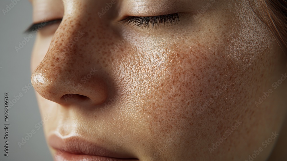 This close-up showcases melasma on facial skin, highlighting variations in skin tone and texture with soft natural light This close-up showcases melasma on facial skin, highlighting variations in skin tone and texture with soft natural light