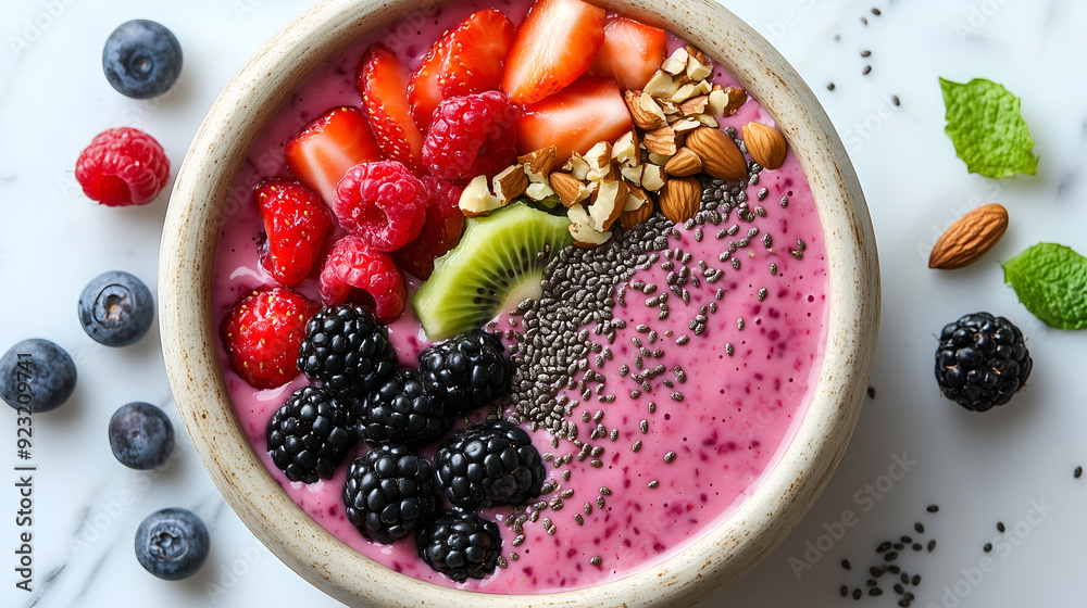 Vibrant Berry Smoothie Bowl with A colorful and nutritious smoothie bowl filled with a blend of fresh berries, topped with sliced strawberries, raspberries, blackberries, kiwi, almonds, and chia seeds Vibrant Berry Smoothie Bowl with A colorful and nutritious smoothie bowl filled with a blend of fresh berries, topped with sliced strawberries, raspberries, blackberries, kiwi, almonds, and chia seeds