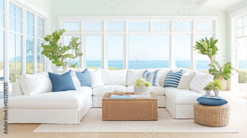 Coastal Retreat with White Slipcovered Sofa,A breezy coastal living room featuring a white slipcovered sofa. The room has large windows offering views of the ocean, photo