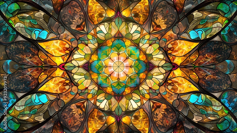 custom made wallpaper toronto digitalBehold the mesmerizing beauty of a vibrant stained glass window, a masterpiece of abstract art and Art Nouveau design.
