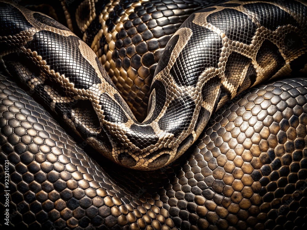 Snake skin texture visual depth hyperrealistic close-up detailed intricate patterns high contrast black and white metallic sheen luxurious dark mysterious ancient mysticism eerie serpentine curvaceous Snake skin texture visual depth hyperrealistic close-up detailed intricate patterns high contrast black and white metallic sheen luxurious dark mysterious ancient mysticism eerie serpentine curvaceous