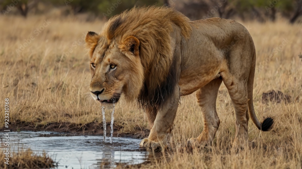 African lion drinking water in savanna African lion drinking water in savanna