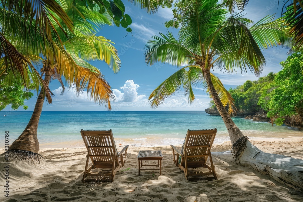 Serene Caribbean beach scene with palm trees and chairs under clear blue sky, ideal for relaxation and rest, captured in 3D render style. Serene Caribbean beach scene with palm trees and chairs under clear blue sky, ideal for relaxation and rest, captured in 3D render style.
