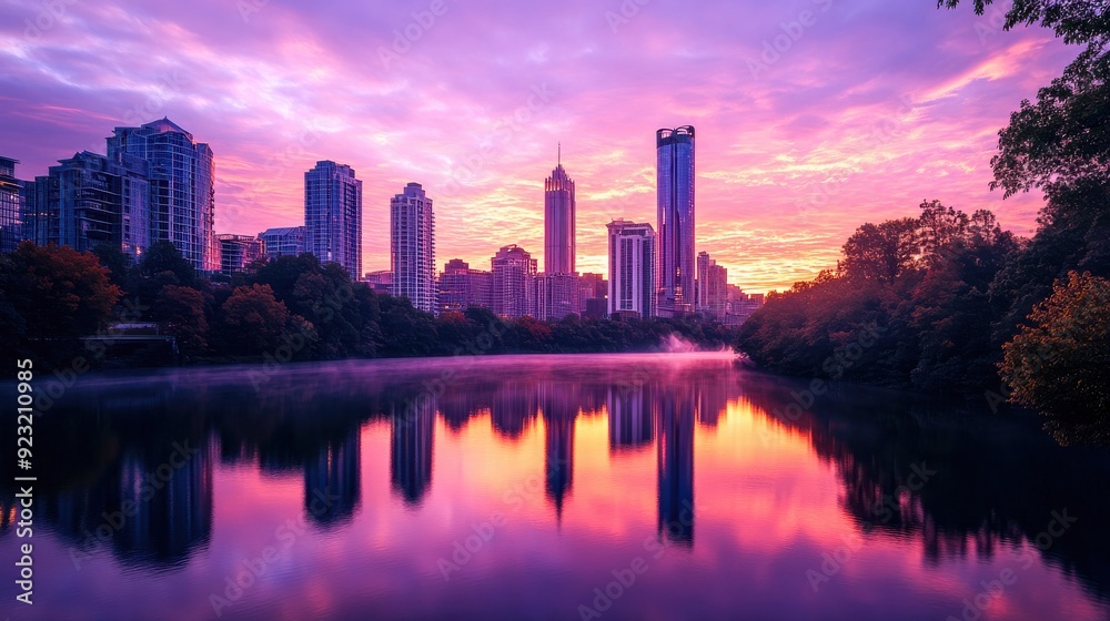 Vibrant colors of sunset blend with the skyline, reflecting beautifully on the still waters of the lake, offering a peaceful view of nature and urban life Vibrant colors of sunset blend with the skyline, reflecting beautifully on the still waters of the lake, offering a peaceful view of nature and urban life