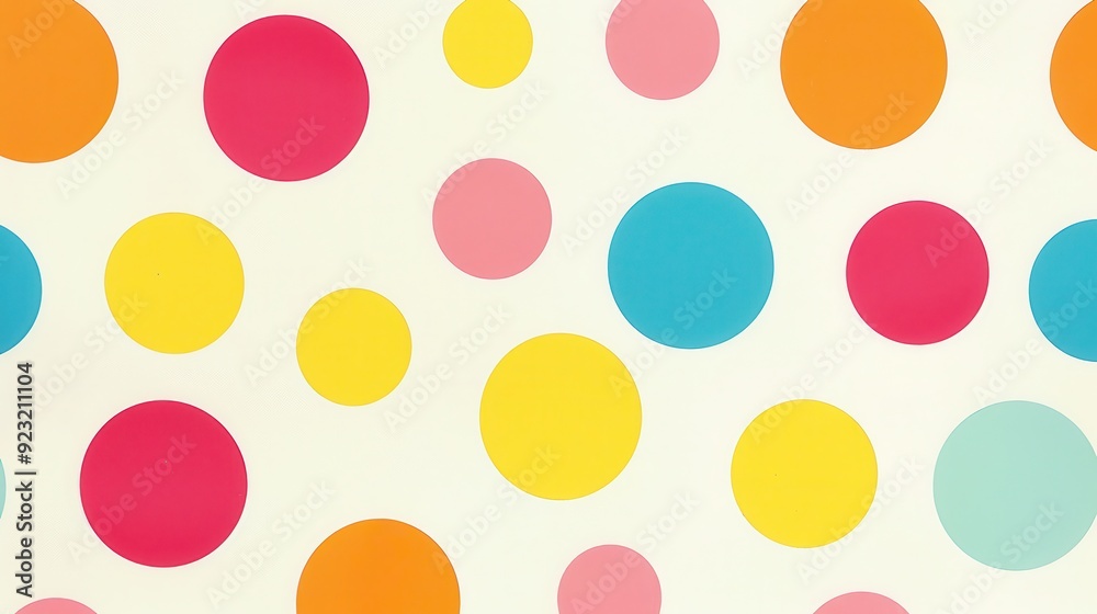 This surface features an arrangement of colorful polka dots in multiple sizes on a light backdrop This surface features an arrangement of colorful polka dots in multiple sizes on a light backdrop
