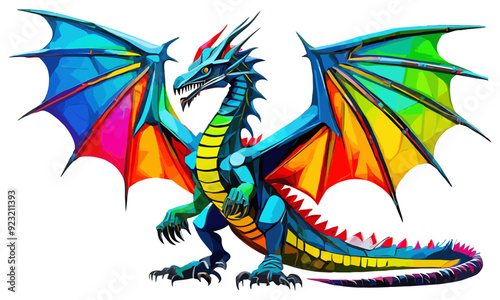 dragón con alas desplegadas y cola de iguana formando espiral con colores vibrantes