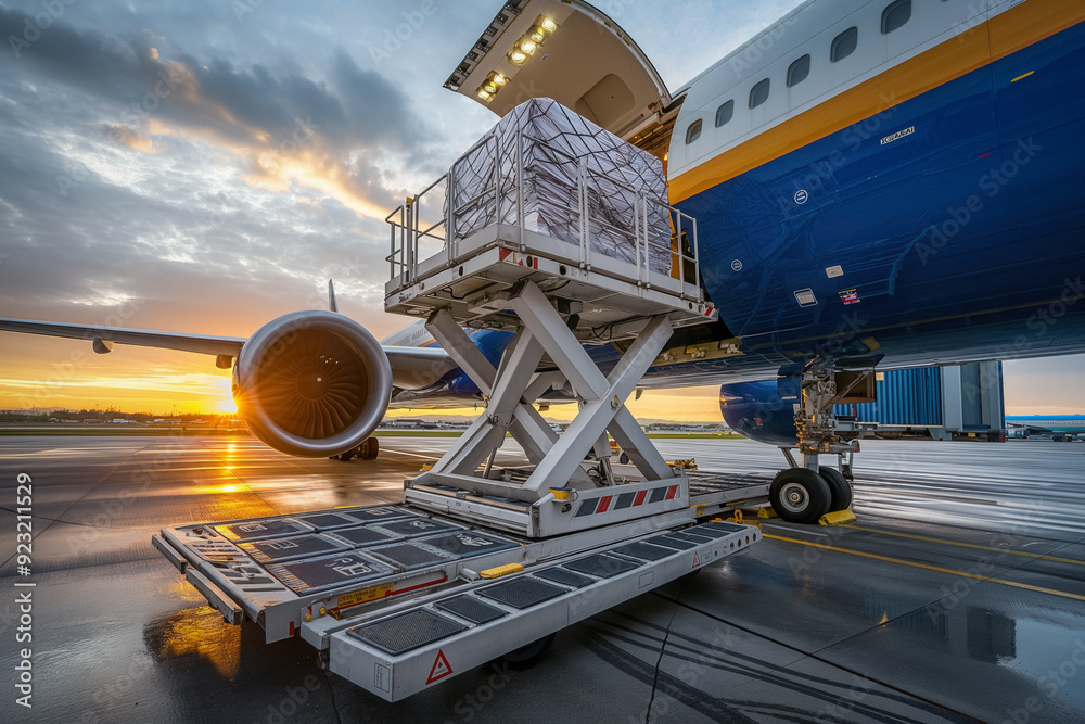 Obraz premium Air cargo containers being loaded onto an airplane. Preparing shipments for loading onto a modern freighter jet at the airport.
