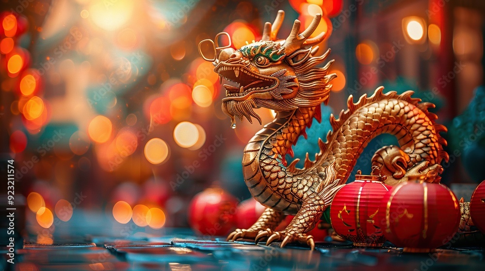 Fototapeta premium golden chinese dragon with red paper lanterns.