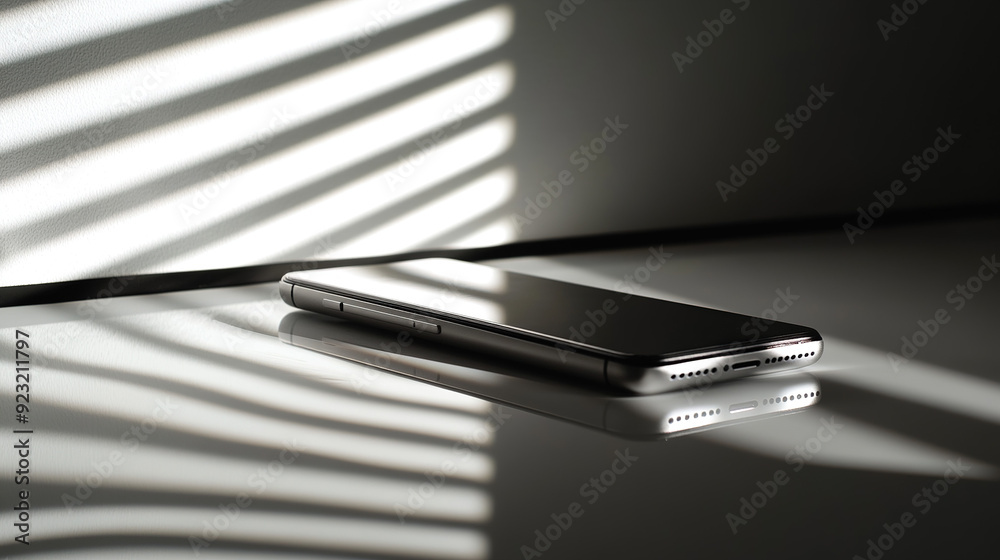 Minimalist product photography setup with a sleek smartphone on a reflective surface, soft lighting highlighting the device's contours and premium finish, emphasizing modern design and elegance.