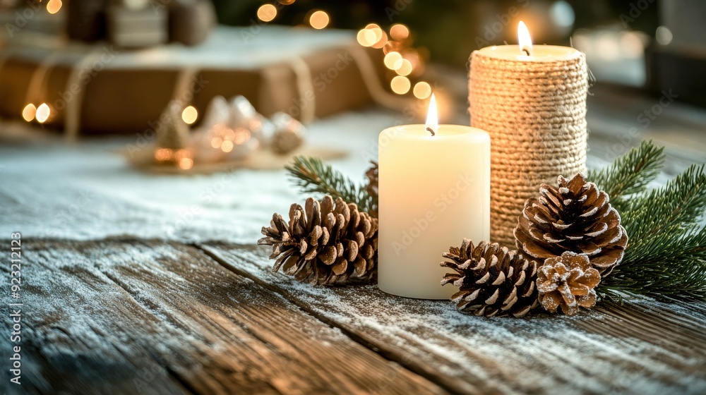 Soft candlelight dances among pinecones, creating a cozy winter atmosphere adorned with twinkling lights and rustic charm Soft candlelight dances among pinecones, creating a cozy winter atmosphere adorned with twinkling lights and rustic charm