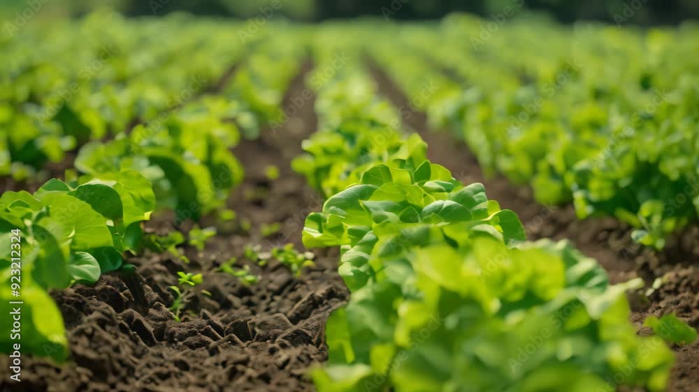 Rows of green leafy plants thriving in a vast field under the sun, Vibrant rows of leafy greens stretching into the distance