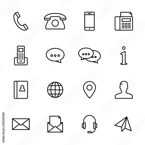 Set of contact icons. Communication light outline symbol elements. PNG.