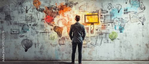 Creative entrepreneur sketching new business concepts surrounded by inspiring visuals
