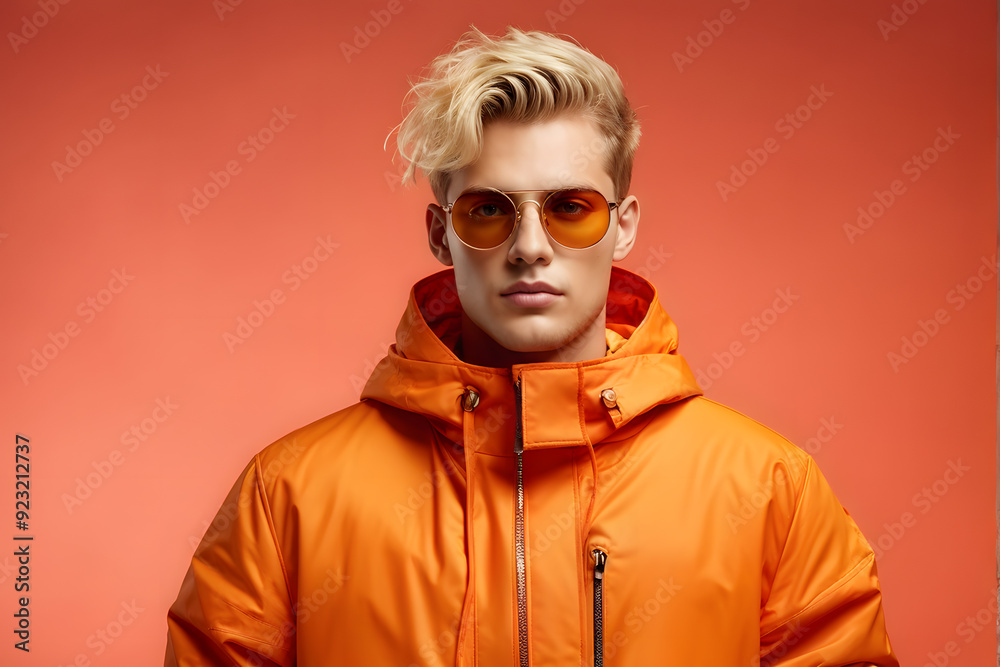 A man in an orange jacket with sunglasses on A man in an orange jacket with sunglasses on