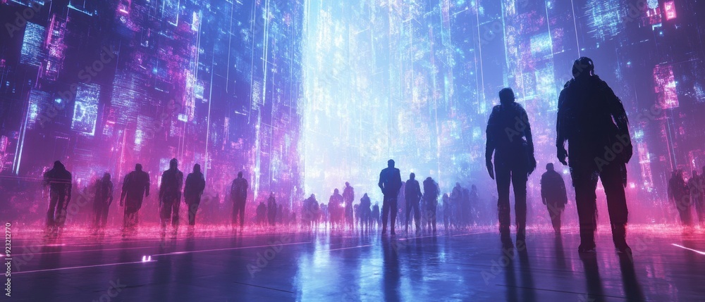 Obraz premium A group of explorers piercing the dimensional veil revealing AI-driven realities