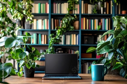 A serene desk setup features a laptop and a coffee cup, surrounded by vibrant green plants and an inviting bookshelf bathed in natural light photo