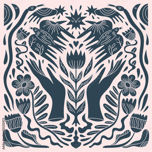 Earth Day hand-drawn poster or postcard. Human hands palms holding nature elements, flowers, birds and snakes. Organic botanical flora and fauna environmental details scene. Flat design vector clipart