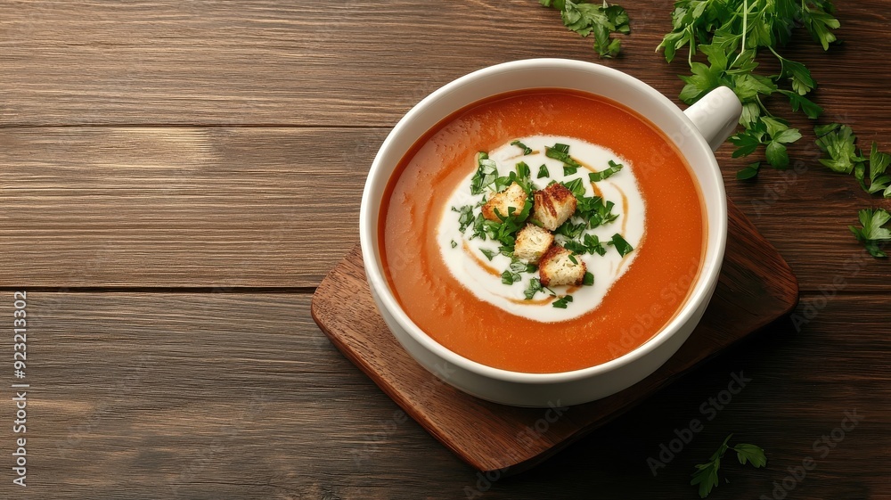 Whimsical tomato basil soup bowl with playful face made of croutons and herbs. Whimsical tomato basil soup bowl with playful face made of croutons and herbs.
