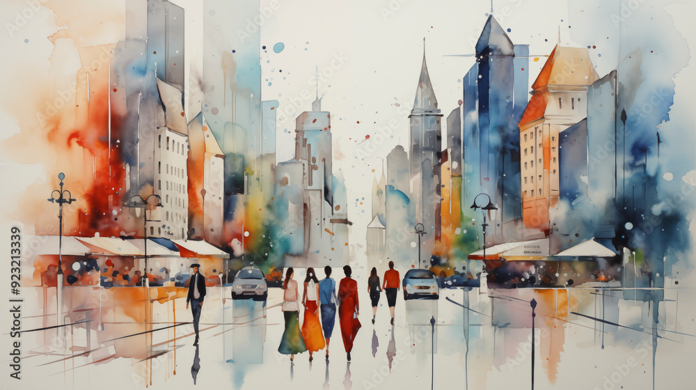 Fototapeta premium abstract watercolor painting people in the city, art design