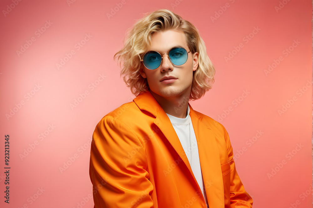 A man in an orange suit and blue sunglasses A man in an orange suit and blue sunglasses