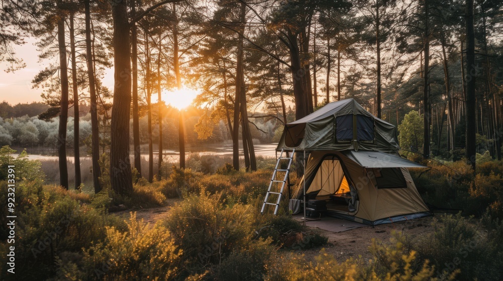 custom made wallpaper toronto digitalA small tent is set up in a forest with a lake in the background