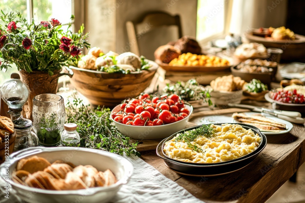 A table brimming with fresh, colorful dishes invites family and friends to celebrate together in a warm, inviting atmosphere