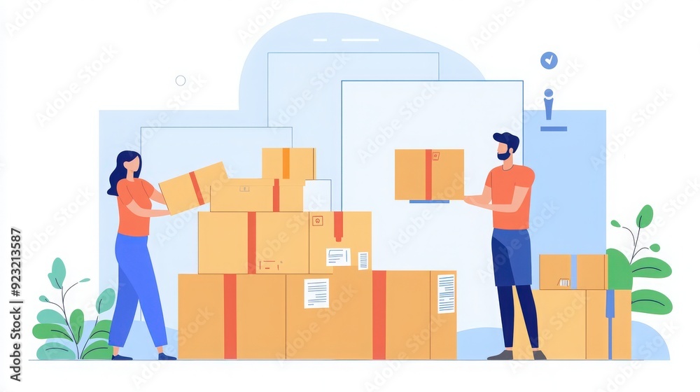 A couple organizes boxes in a bright warehouse, showcasing teamwork and efficiency in logistics and delivery operations. A couple organizes boxes in a bright warehouse, showcasing teamwork and efficiency in logistics and delivery operations.