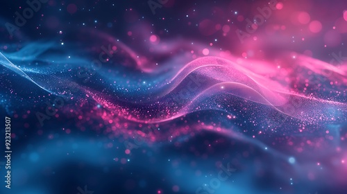 Abstract blue and pink wave with glowing particles and bokeh lights.