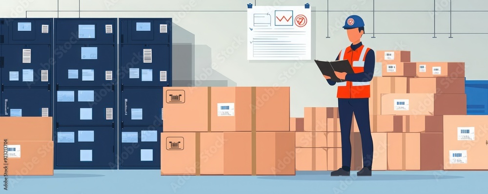 A diligent warehouse worker inspects packages, ensuring efficient inventory management in a modern distribution center. A diligent warehouse worker inspects packages, ensuring efficient inventory management in a modern distribution center.