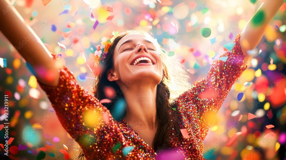 A young woman revels in happiness as confetti rains down, embracing the festive atmosphere with arms outstretched A young woman revels in happiness as confetti rains down, embracing the festive atmosphere with arms outstretched