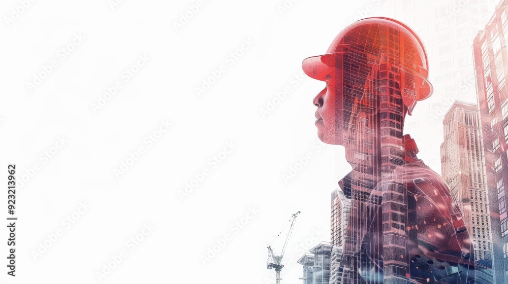 A man in a hard hat stands in front of a city skyline A man in a hard hat stands in front of a city skyline