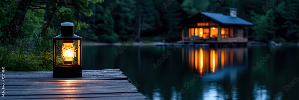 A warm lantern glows softly beside the water, illuminating a charming cabin as evening settles over the serene lakeside A warm lantern glows softly beside the water, illuminating a charming cabin as evening settles over the serene lakeside