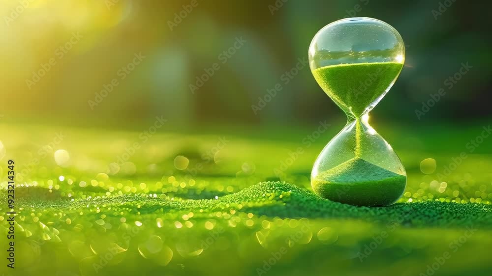 video of Green hourglass with sand in a natural environment, illustrating the concept of time passing