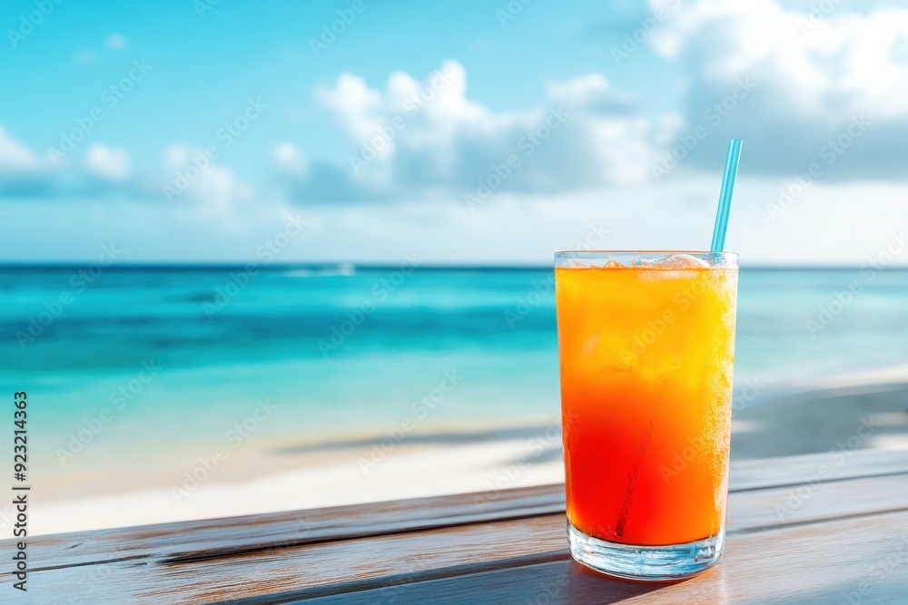 A colorful cocktail sits on a table as waves gently lap the shore, under a vibrant sky dotted with fluffy clouds on a sunny day A colorful cocktail sits on a table as waves gently lap the shore, under a vibrant sky dotted with fluffy clouds on a sunny day